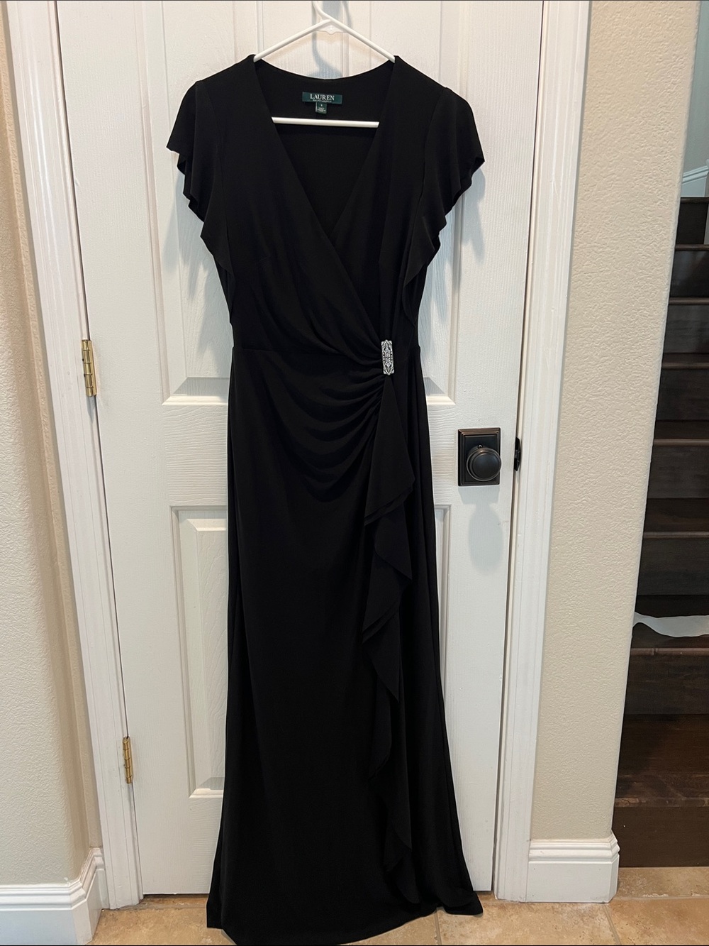 Lauren Ralph Lauren Black Wrap Maxi Dress with Brooch Detail